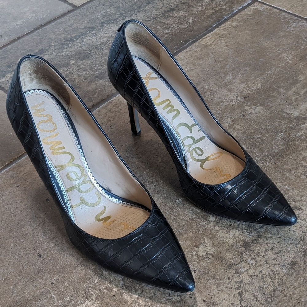 Sam Edelman Black Croc-Embossed Pointed Toe Stiletto Pumps